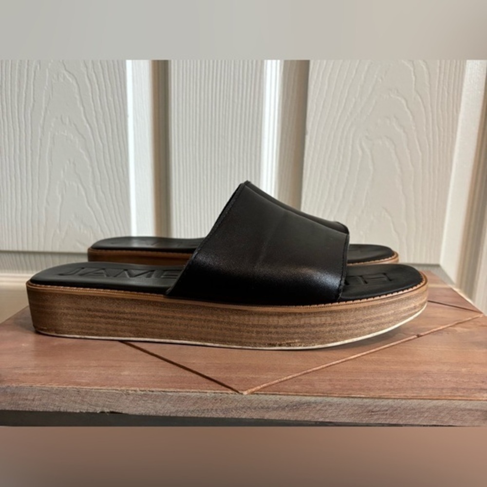 Black Leather Platform Slide Sandals with Wood-Effect Sole